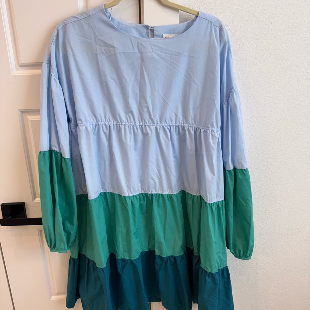 Blue and Green Casual Sundress with Bishop Sleeves